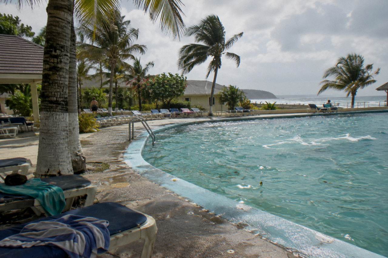A resort swimming pool with loungers and palm trees on a sunny afternoon (illustrative image, not the hotel)